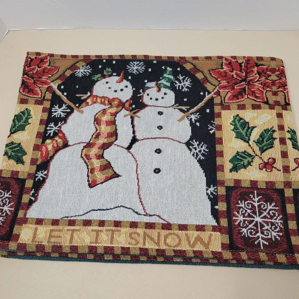 Christmas Snowman Woven Tapestry Table Runner Let It Snow Holiday Decor Red Gold